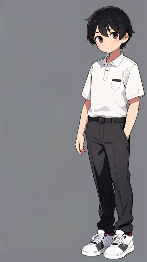 A normal 14 year old boy,Black Hair,Brown eyes,Gentle expression,White shirt with collar,Gray slacks,feet are sneakers,Full body view,Character portrait