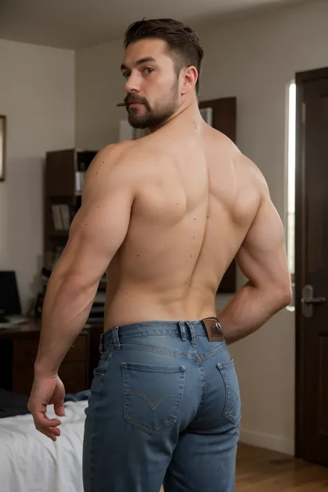 An impressive realistic photo of a large, muscular, hairy and masculine man, short hair, 40 years old, full body,   facing the camera, mustache beard, naked formal silver metalic tigth jeans,   bubble butt, on his back, backside 