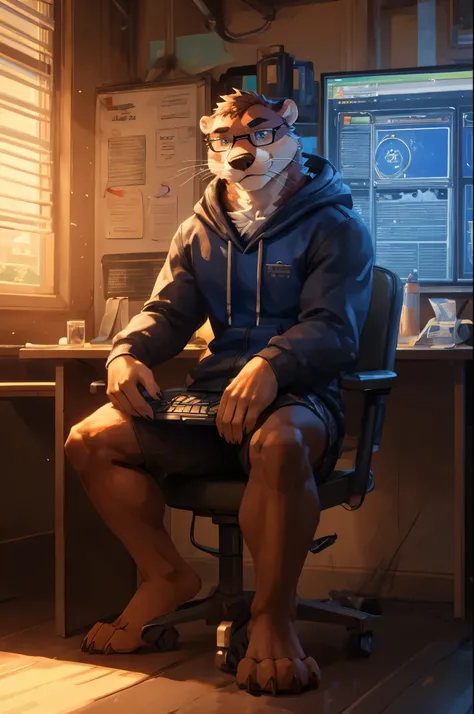 (((Barefoot furry character, full body, cinematic setting, furry male, plantigrade))) 

computer class scene with a tech-savvy otter ((teacher)) wearing a hoodie and glasses, sitting at a computer desk surrounded by monitors and circuit boards. This otter ...