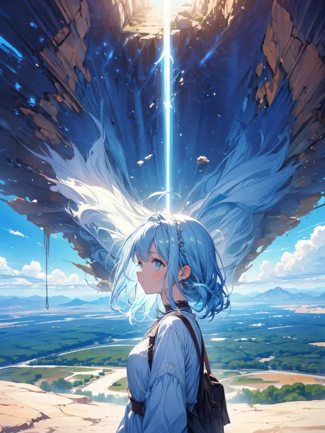 Lindamente desenhado, alta qualidade, ultra-detailed CG illustration of a young woman with a serene expression, looking into the distance with her stunning light blue hair blowing gently in the desert breeze. The scenery behind him is vast and breathtaking...