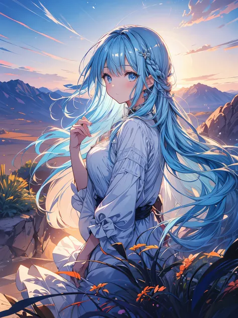 Lindamente desenhado, alta qualidade, ultra-detailed CG illustration of a young woman with a serene expression, looking into the distance with her stunning light blue hair blowing gently in the desert breeze. The scenery behind him is vast and breathtaking...