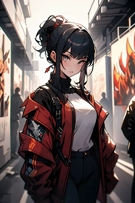 ((best quality)), ((artwork)), (detailed), perfect face thin woman 17 years old, blue eyes, long curly black hair tied in a ponytail, wearing black jeans and a turtleneck sweater. The jacket was a thin black windbreaker, holding an smartphone