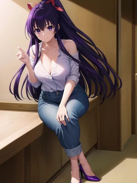 tohkayatogami, tohka yatogami casual, long hair, purple hair, alluringly smile , button up shirt, off shoulder , denim trousers, (purple eyes:1.1), hair ribbon, ponytail, purple hair, white ribbon, g cup breasts, bewitched thighs, slender waist, plump butt...