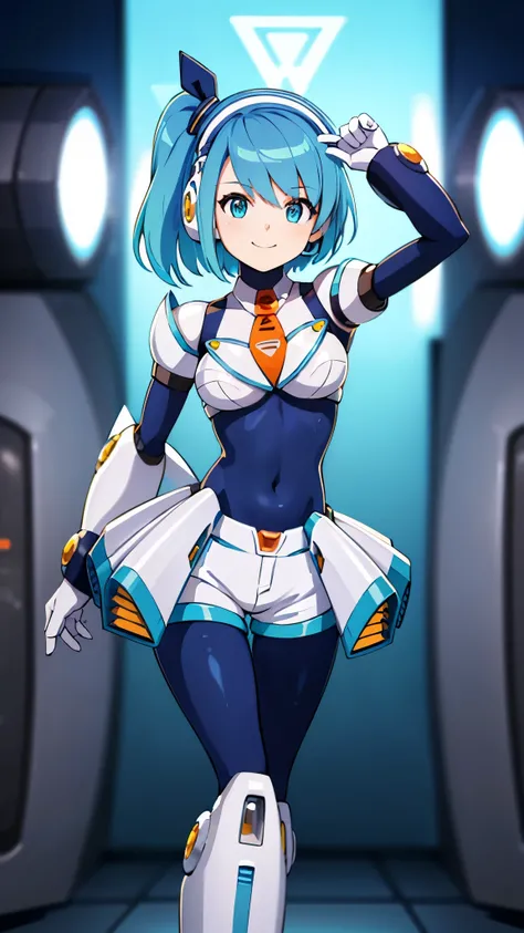 (1girl,solo),(rico_megamanxdive),blue eyes, blue hair, bodysuit, android, smile,side tail, short hair,headphones,white crop tops,white shorts,V pose,ultra-detailed,sharp focus,aesthetic,(best quality)