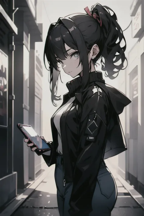 ((best quality)), ((artwork)), (detailed), perfect face thin woman 17 years old, blue eyes, long curly black hair tied in a ponytail, wearing black jeans and a turtleneck sweater. The jacket was a thin black windbreaker, holding an smartphone