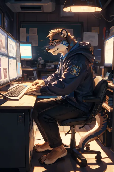 (((Barefoot furry character, full body, cinematic setting, furry male, plantigrade))) 

computer class scene with a tech-savvy otter ((teacher)) wearing a hoodie and glasses, sitting at a computer desk surrounded by monitors and circuit boards. This otter ...