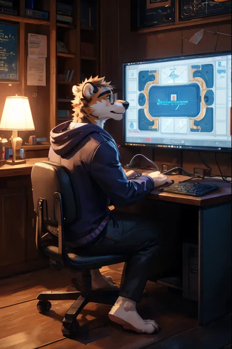 (((Barefoot furry character, full body, cinematic setting, furry male, plantigrade))) 

computer class scene with a tech-savvy otter ((teacher)) wearing a hoodie and glasses, sitting at a computer desk surrounded by monitors and circuit boards. This otter ...