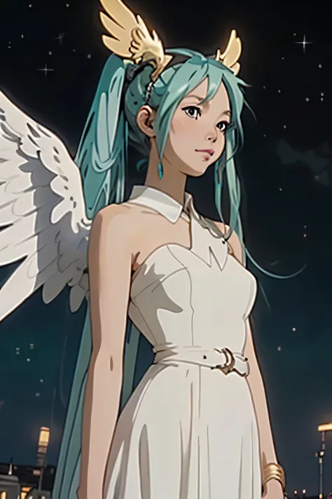 (anime coloring, anime screencap, ghibli, mappa, anime style), 1girl, hatsune miku, white gown, angel, angel wings, golden halo, dark background, upper body, (closed mouth:1.2), looking at viewer, arms behind back, blue theme, stars, starry night