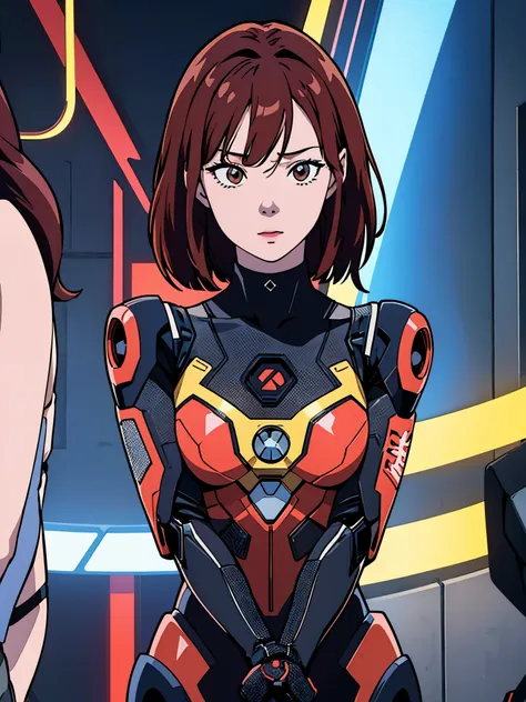 digital art drawing, illustration of (Winter from k-pop group aespa, cyborg girl, android, short red hair with bangs, brown eyes, metal robotic arms, futuristic clothing, artificial skin, evil look, cyberpunk 2077), anime drawing/art, bold linework, illust...