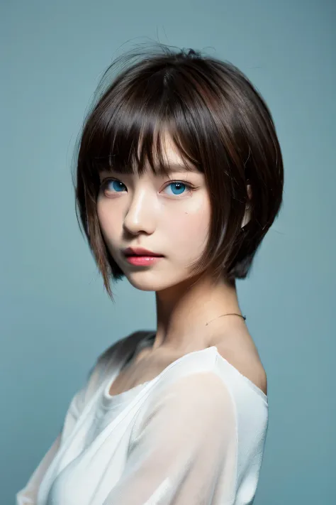 Short Bob, Wolf Cut, Neo Wolf, hair(light blue), pupil(red), 14 years old