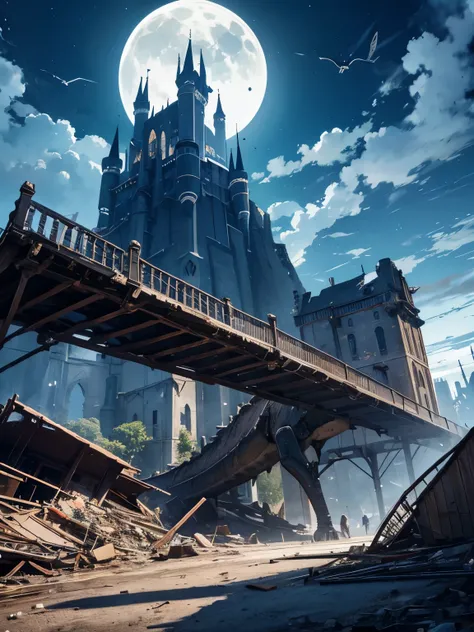 No humans,machine dragon,collapsed building, moon over the castle