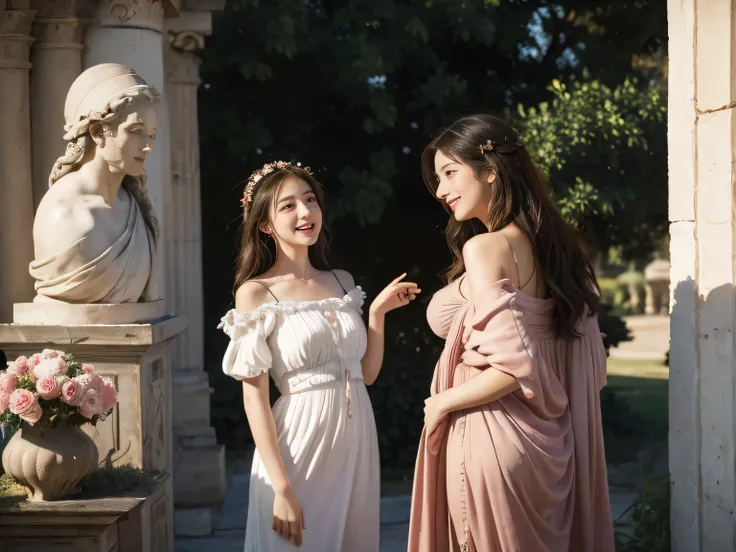 full body portrait or statue、Giorgione painting style,Arguments of two female Philosophe,math、astronomical machine、astronaut、roses in vase、fruits、Cute trinkets、smile、ancient greek costume、Ancient Roman landscape in the style of Nicolas Poussin,laughter,,Sw...