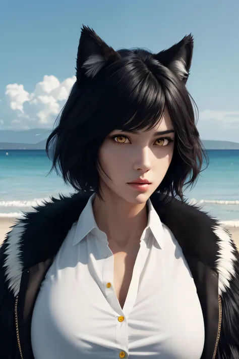 RAW Photo, realistic, 1girl, solo, furry, anthro, (detailed fluffy fur)1.3, wolf girl, short hair, black wolf, black hair, black fur, body fur, yellow eyes, jewerly, clothed, white shirt, huge breasts, upper body, looking at viewer, detailed face eyes and ...