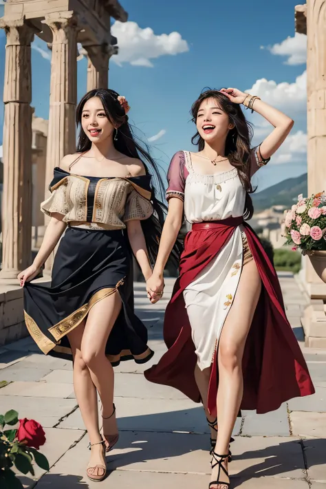 full body portrait or statue、Giorgione painting style,Arguments of two female Philosophe,math、astronomical machine、astronaut、roses in vase、fruits、Cute trinkets、smile、ancient greek costume、Ancient Roman landscape in the style of Nicolas Poussin,laughter,,Sw...