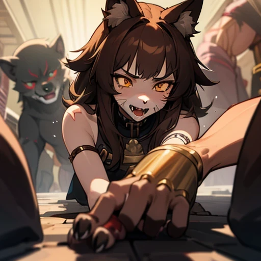 werewolf girl, brown hair, scars, golden eyes, paws, face focus, furry, submissive, half human, beautiful, claws, sex, 