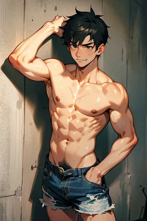 shirtless handsome manly short black hair caucasian male in tattered short jeans and sneakers, shirtless, sweating profusely, drenched with sweat, exhausted, panting, standing at the wall, awkward smile, doing pictorial poses, at home