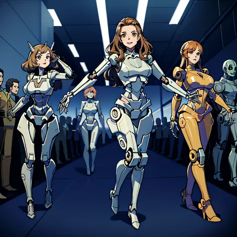 Multiple robot women, They all have perfect human female faces.., Everything except the face is a machine.., Not everyone is dressed, brown hair, Wavy Hair, Hazel Eyes, Very detailed, smile, Everything except the face is a machine.., They all have mechanic...
