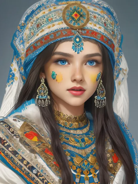 Super detailed, super realistic, beastly,beautiful Nordic girl, wears old folk costume, long straight black hair, Yakuts folk costume, beautiful crystal blue eyes, almond eyes, intricate textile decorated with colorful and intricate geometric patterns, arm...