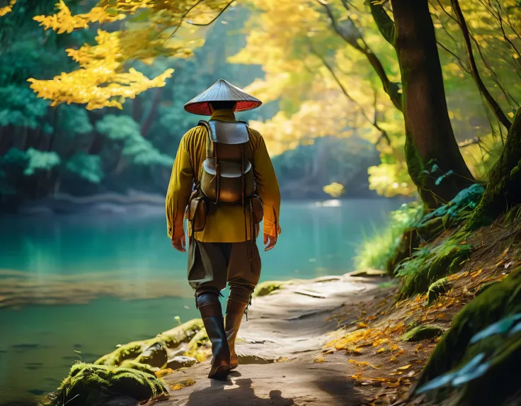 (a detailed,professional)A man in an adventurers uniform, with (vividly-colored, finely-crafted) hat, (detailed) backpack and a fishmonger hanging from his waist, is (determinedly, exploratively) walking through a picturesque forest. The forest is (abundan...