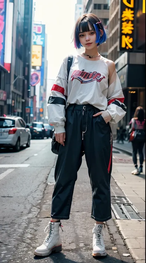 A colorful Bob cut haired punk girl, smooth white skin, innocent look, 15 years old, Ultra high res, uhd, (photorealistic:1.4), cyberpunk outfit, wink, smiling ear to ear, neon lighting, wearing baggy pants, colorful loose socks, boots, full body shot, hea...