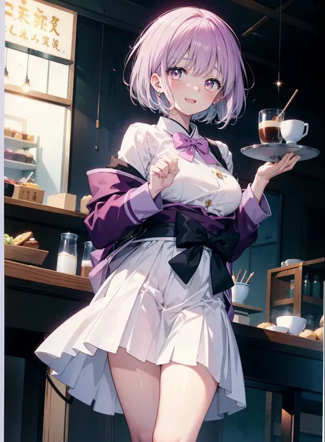 akaneshinjou, shinjou akane, Light purple hair, (Pink Eyes:1.2), short hair,Akabu Glasses,happy smile, smile, Open your mouth,blush,Idol-style white kimono,long furisode,White mini skirt,White tights,Sandals,tray, tray in one hand,A beautiful waitress with...
