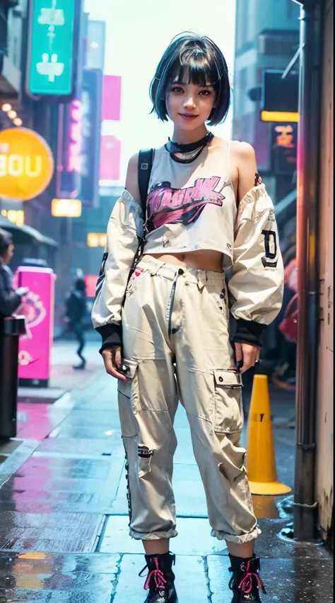 A colorful Bob cut haired punk girl, smooth white skin, innocent look, 15 years old, Ultra high res, uhd, (photorealistic:1.4), cyberpunk outfit, wink, smiling ear to ear, neon lighting, wearing baggy pants, colorful loose socks, boots, full body shot, hea...