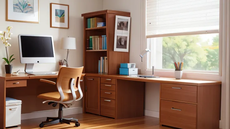 Clean and bright office, Modern desk with bookshelf and computer