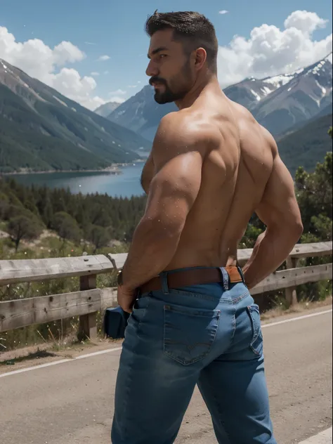 man in lumberjack suit, muscular, bigote, enfoque masculino,  muscular body, Big Bubble butt, shirtless, piel bronceada, 38-year old man,  manos definidas, muscular, fuerte, peludo, Masculino, In the background a mountain, en una ciudad, amazing compositio...