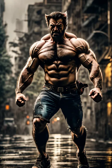 wolverine, strong muscular man, street angry, backpack, epic realistic, photo, faded, complex stuff around, intricate background, soaking wet, neutral colors, ((((hdr)))), ((((muted colors)))), intricate scene, artstation, intricate details, vignette