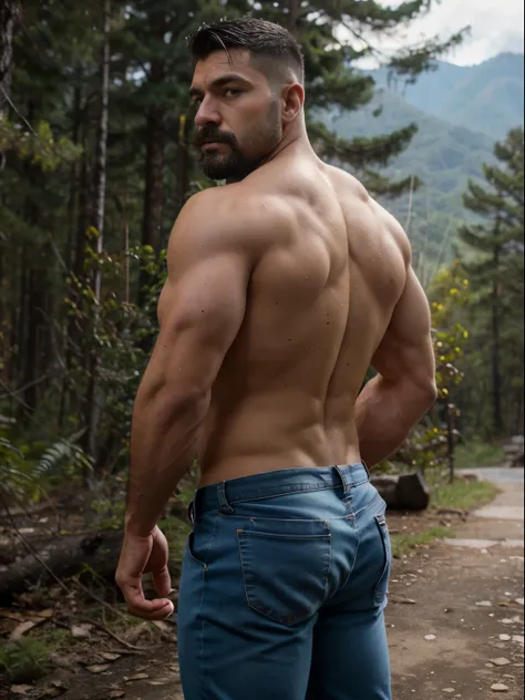 man in lumberjack suit, muscular, bigote, enfoque masculino,  muscular body, Big Bubble butt, shirtless, piel bronceada, 38-year old man,  manos definidas, muscular, fuerte, peludo, Masculino,  HDR, volumetric lighting, Macho. full body blue white jeans  b...