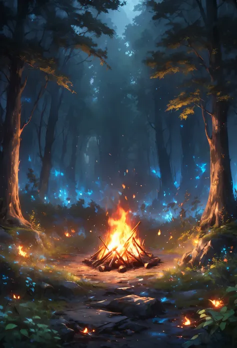 campfire in the middle of dark forest