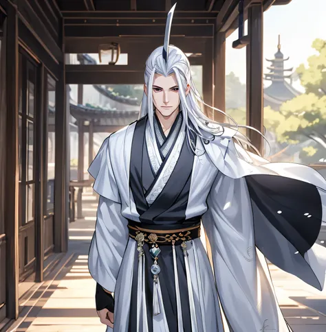 Summer Palace，48-year-old middle-aged male，White hair，Dissemination，Male focus，（The only person,Upper part of the body，：1.2），Headdress，Chinese courtyard，Black Hanfu robe，Weapons in hand，Holding a sword，cast a spell，An elegant and luxurious beautiful man，pr...