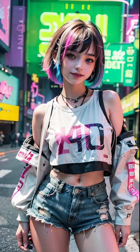 a colorful bob cut haired punk girl, smooth white skin, innocent look, 15 years old, ultra high res, uhd, (photorealistic:1.4), ...