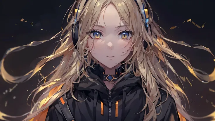 Golden Eyes、Cyberpunk City、Semi-long hair、Wearing cool headphones,{{{{{{{{ Black oversized hoodie }}}}}}}},beautiful and delicate Golden Eyes,thought,Black clothes,Close-up face
