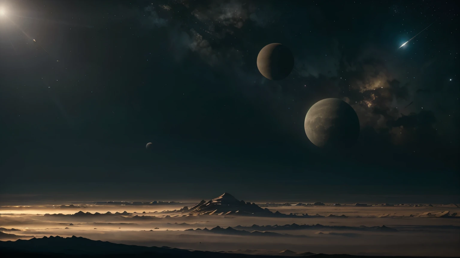 8k Masterpiece, ((daylight scene)), ((soft light)) It&#39;s daytime on a completely deserted planet, and we see a sky with two moons and full of large spaceships with complex structures., Celestial Landscape, stars and nebulae