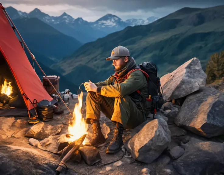 a man wearing an adventurers uniform,sitting at the top of a mountain,rocks around,tent set up,table with food in place,fire and torch,survival equipment,night,(best quality,4k,8k,highres,masterpiece:1.2),ultra-detailed,(realistic,photorealistic,photo-real...