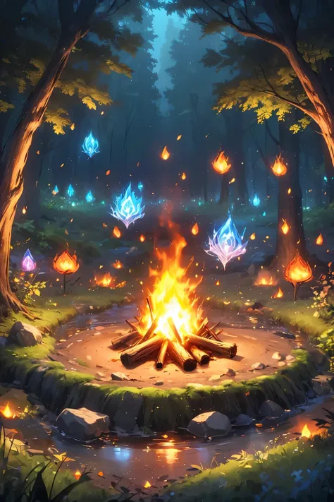 Campfire in the middle of dark forest