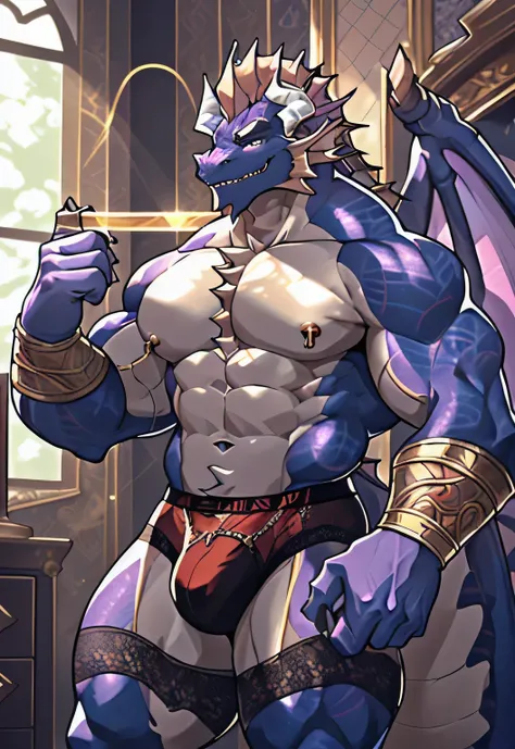 Anthropomorphic male dragon, His body is decorated with luxurious lace underwear, Highlight his muscular body and sharp claws. Wrap his body tightly, Showing the outline of the chest, abdomen, and weapons. His wings, Stretch and Elegance, Delicate lace pat...