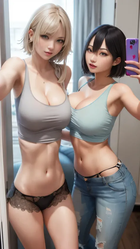 (ultra realistic, highly detailed:1.4), best quality, masterpiece
girl, (two girls, selfie photo:1.2), tall asian woman, gray tank top and panties, short blonde hair, (sfw massive breasts, cleavage), ((longtorso, ltso):1.4), tall