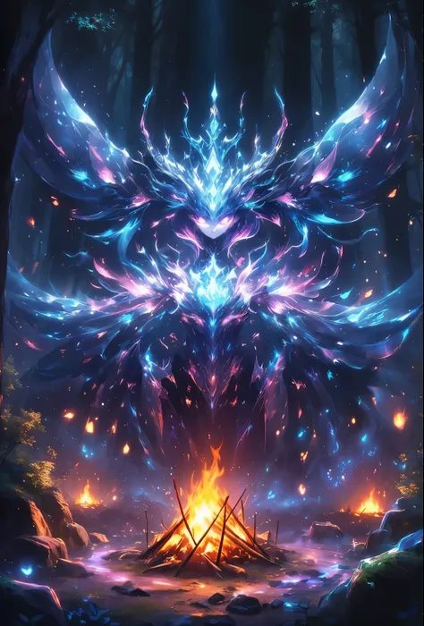 Close-up of a fire in the middle of the forest，There is a bird on it, Fractal Thunder by Dan Mumford, Symmetrical epic fantasy art, 4k detailed digital art, Epic fantasy digital art style, background artwork, 4K Fine Digital Art, Phoenix Nirvana, Detailed ...