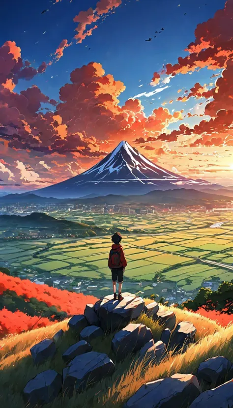 anime landscape of a boy on a hill of rocks with grasses, sunset with orange and red infernal clouds, anime nature wallpapers, b...