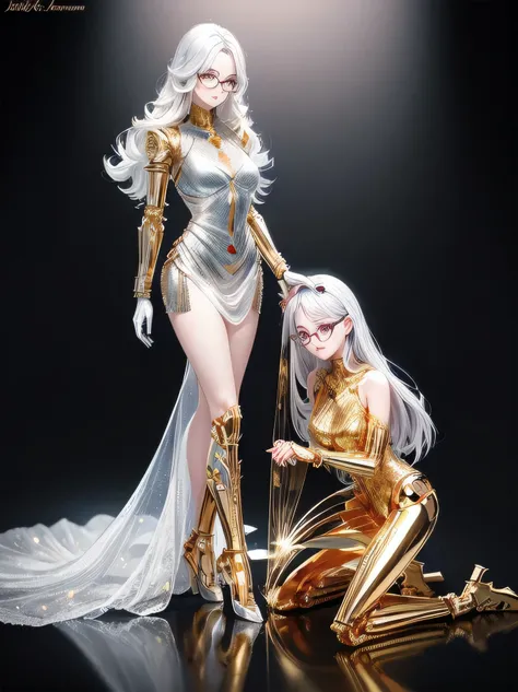 5 8K UHD, 
Two beautiful women with exposed internal skeletons in silver metallic bespectacled bodies kneeling,
 Gold and silver metal robot with transparent crystal glass exoskeleton,
The face is a beautiful human face
