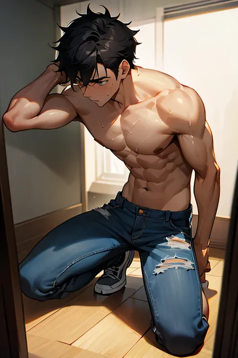 shirtless handsome manly short black hair caucasian male in tattered short jeans and sneakers, shirtless, sweating profusely, drenched with sweat, exhausted, panting, kneeling at the wall, hands above the head, at home