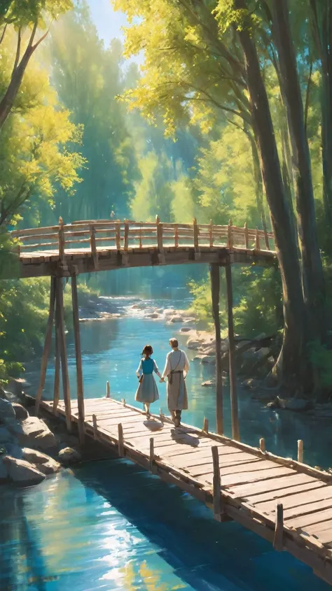 The first scene: The  and her father walk through the wooden bridge over the river, with the trees swaying and the blue water reflecting under the bright sunlight.