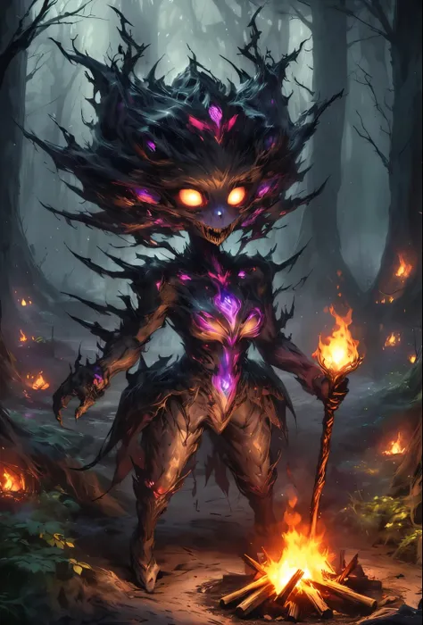 Campfire in the middle of dark forest，Monster holding a magic stick,（horror style、Dark Style）