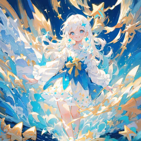 an ocean of stars, night sky, colorful, ethereal, charming girl in a white tutu, white hair, walking on the water, Her smile was filled with tenderness and joy