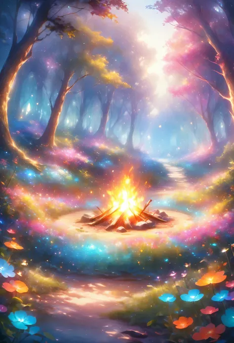 Peaceful campfire in the middle of the forest，The forest is a disguise of silicon-based life forms,style, Vibrant colors, dreamy atmosphere,, Soft texture, Comfortable atmosphere, Vibrant colors, Warm lighting