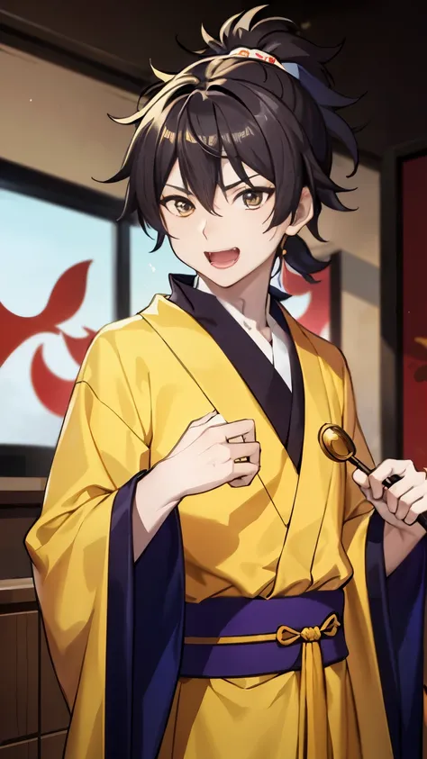 A Chinese boy, Onmyoji, handsome, scruffy, unkempt face, messy hair, ponytail, funny, dressed in yellow Taoist robes, front