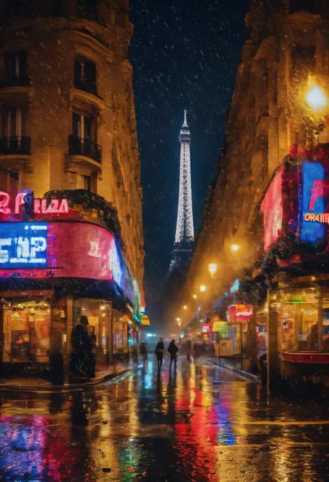 Rainy day at New Era Fashion Plaza , Paris. High-rise buildings，neon sign，urban life. transportation, fashionable people. Busy intersection. Rain and reflections from wet road