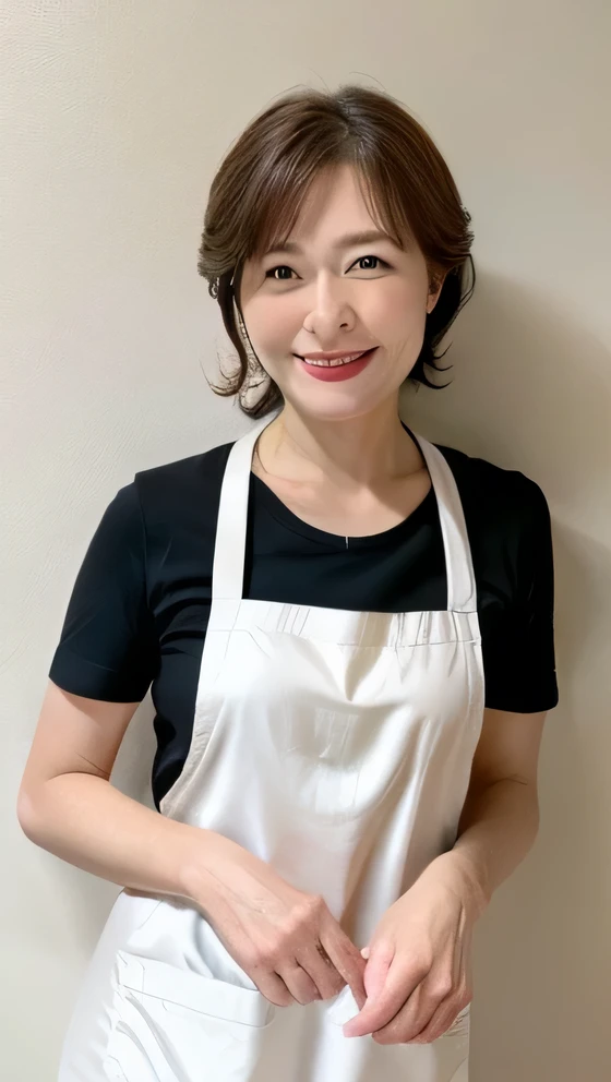 Photograph the whole body from head to toe　While cooking　The background is the kitchen　A 45-year-old Japanese woman standing facing forward and looking away　Looking at the top right　Wearing black bottoms　Semi-long brown hair　whole body　 Has a slightly plum...